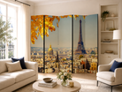 Detaliu paravan decorativ Paris și Turnul Eiffel toamna, imprimat față-verso