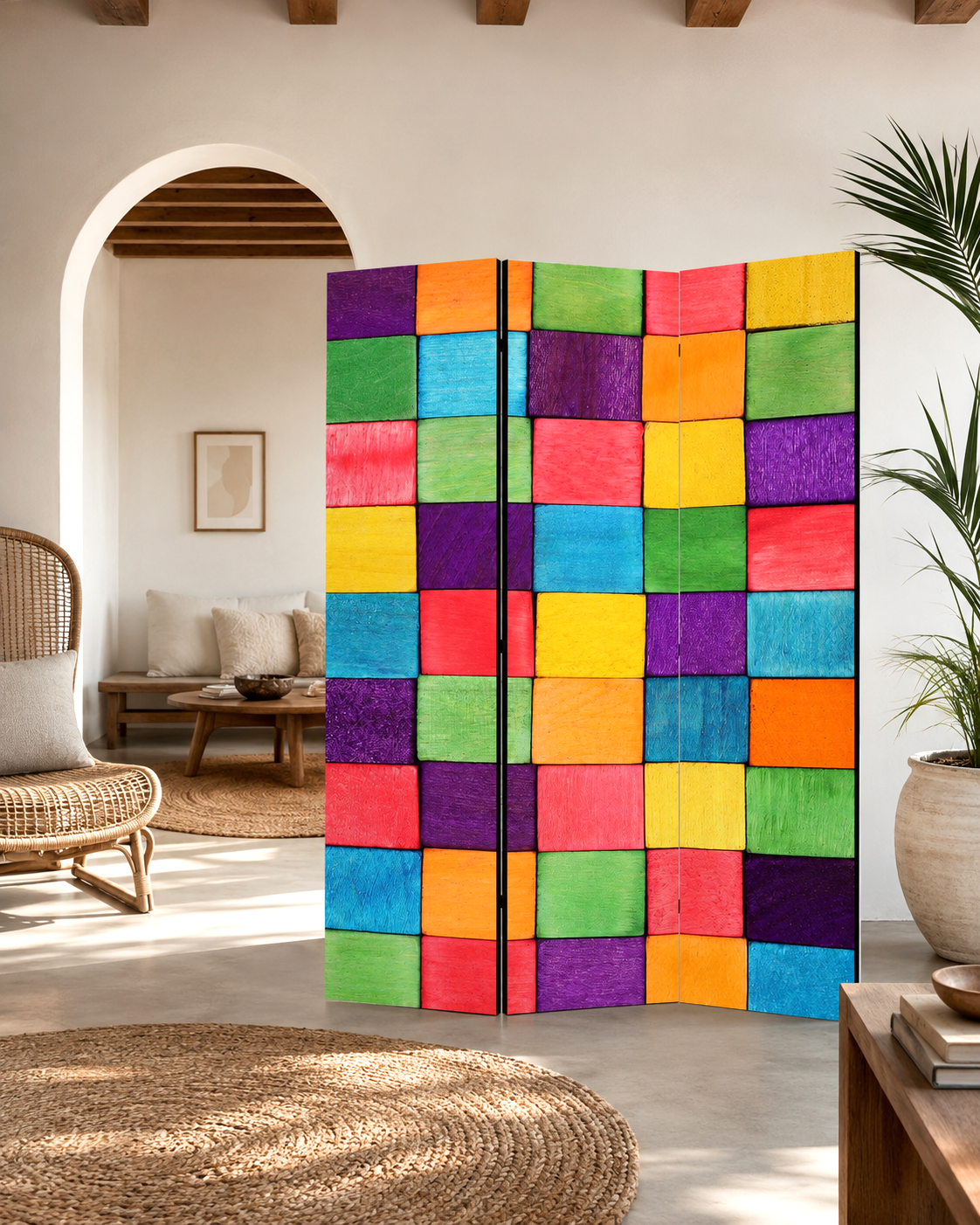 Detaliu paravan decorativ Mozaic geometric multicolor, imprimat față-verso
