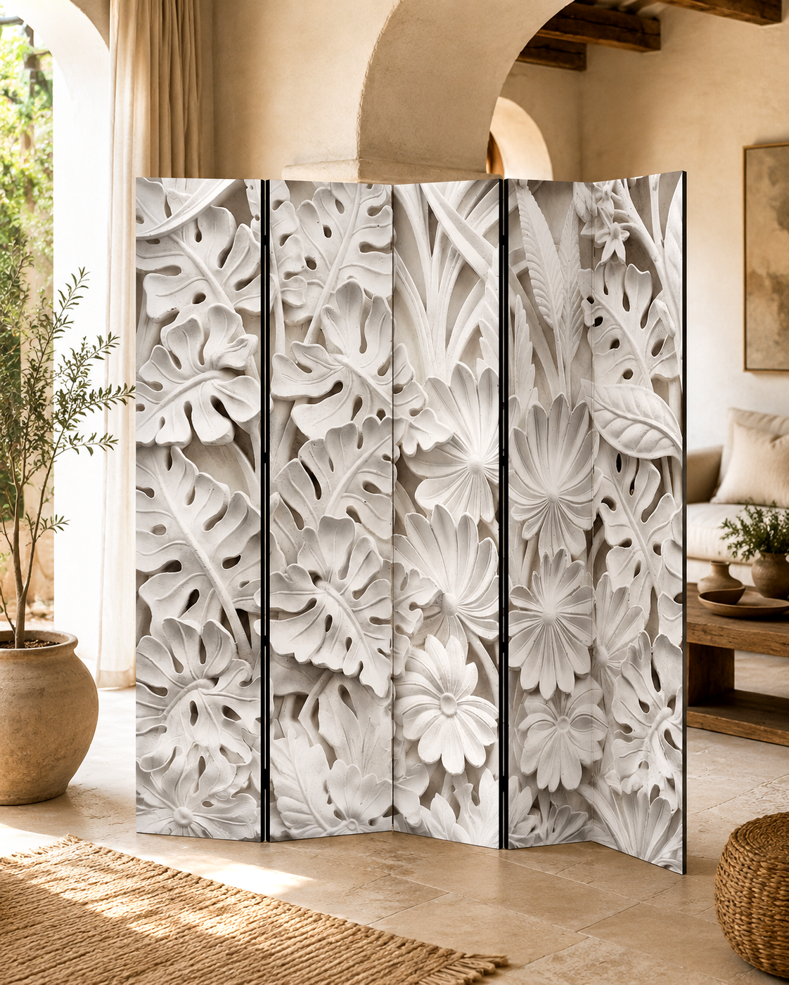 Paravan decorativ Flori albe în relief, vedere frontală