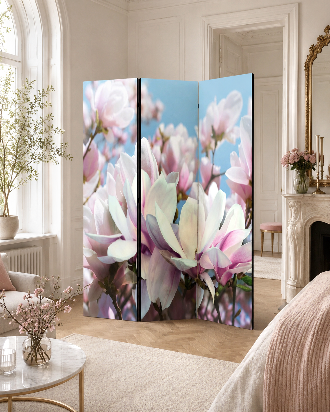 Paravan decorativ Magnolii înflorite pe cer albastru în amenajare interioară