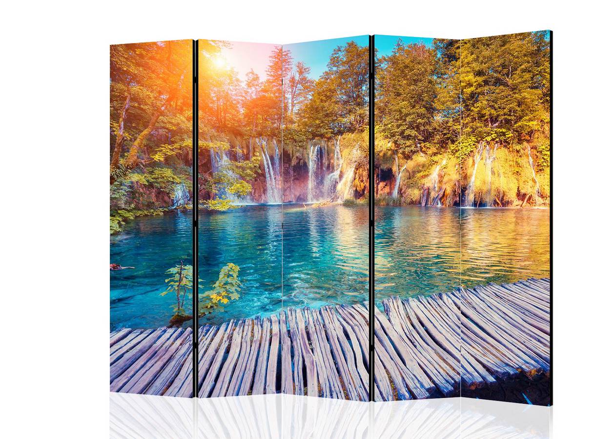 Paravan decorativ Lac de toamnă cu ponton cu 5 secțiuni