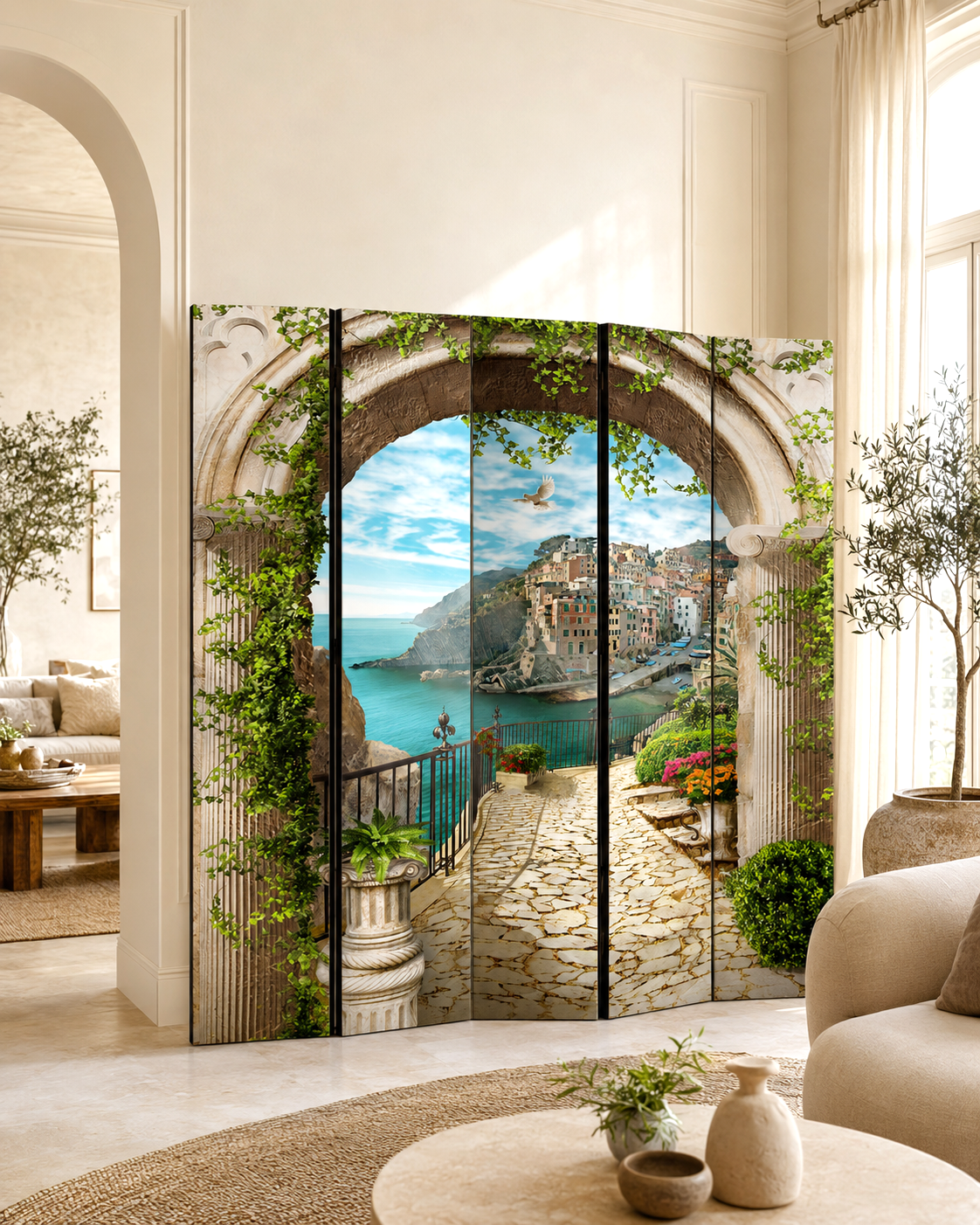 Paravan decorativ Terasă mediteraneană cu vedere la mare, vedere frontală