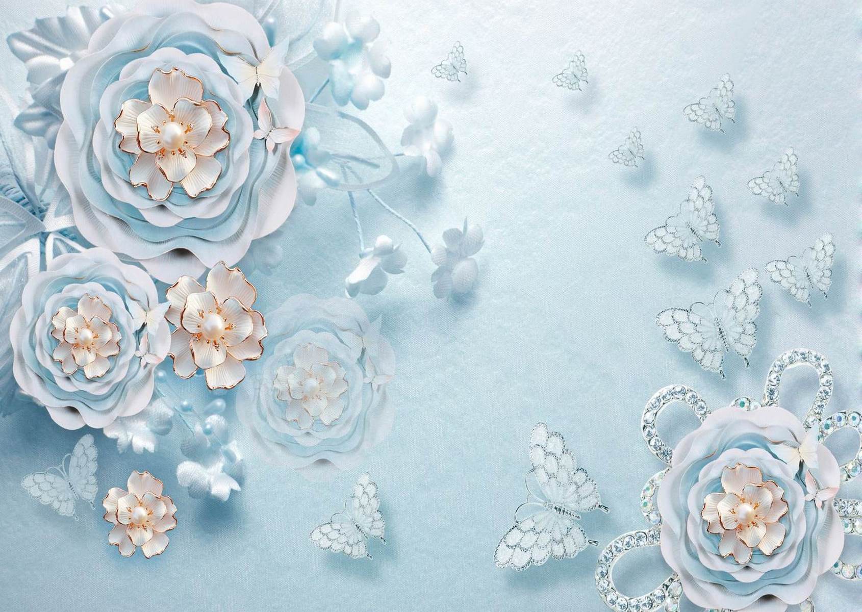 Flori albastre pastel 3D cu perle delicate
