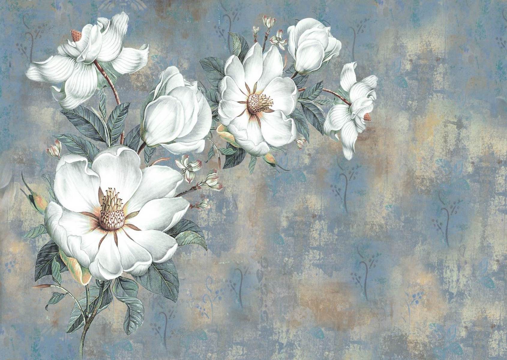 Magnolii albe pe fundal albastru vintage