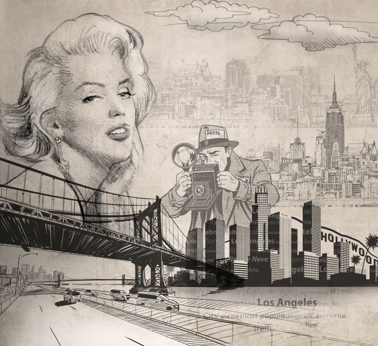 Marilyn monocrom cu skyline urban