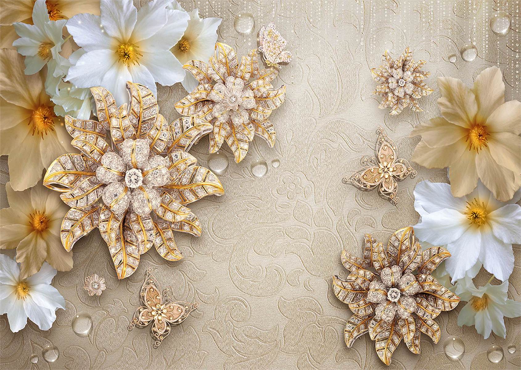 Flori elegante cu cristale aurii și fluturi decorativi