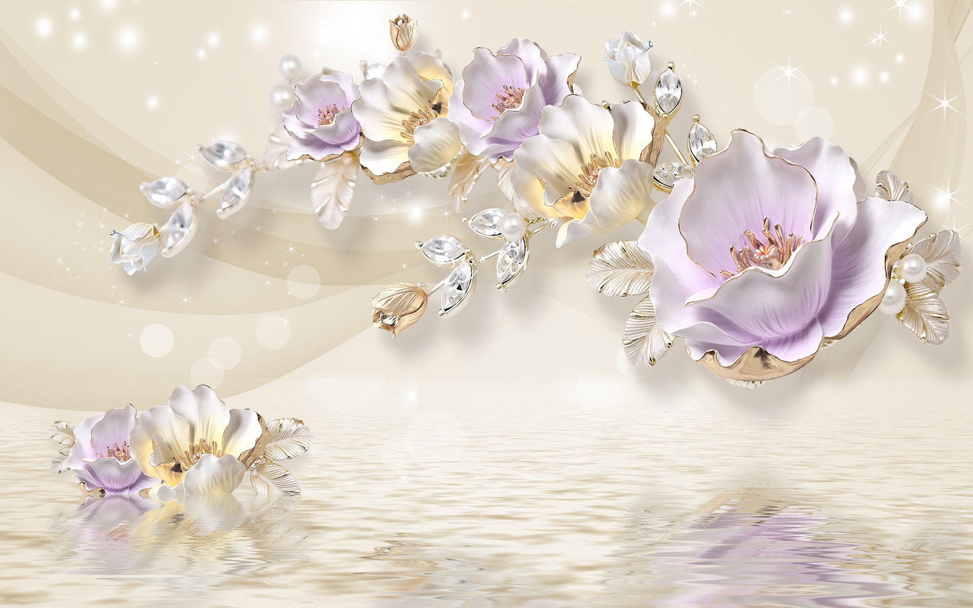 Flori pastel cu cristale și reflexii elegante