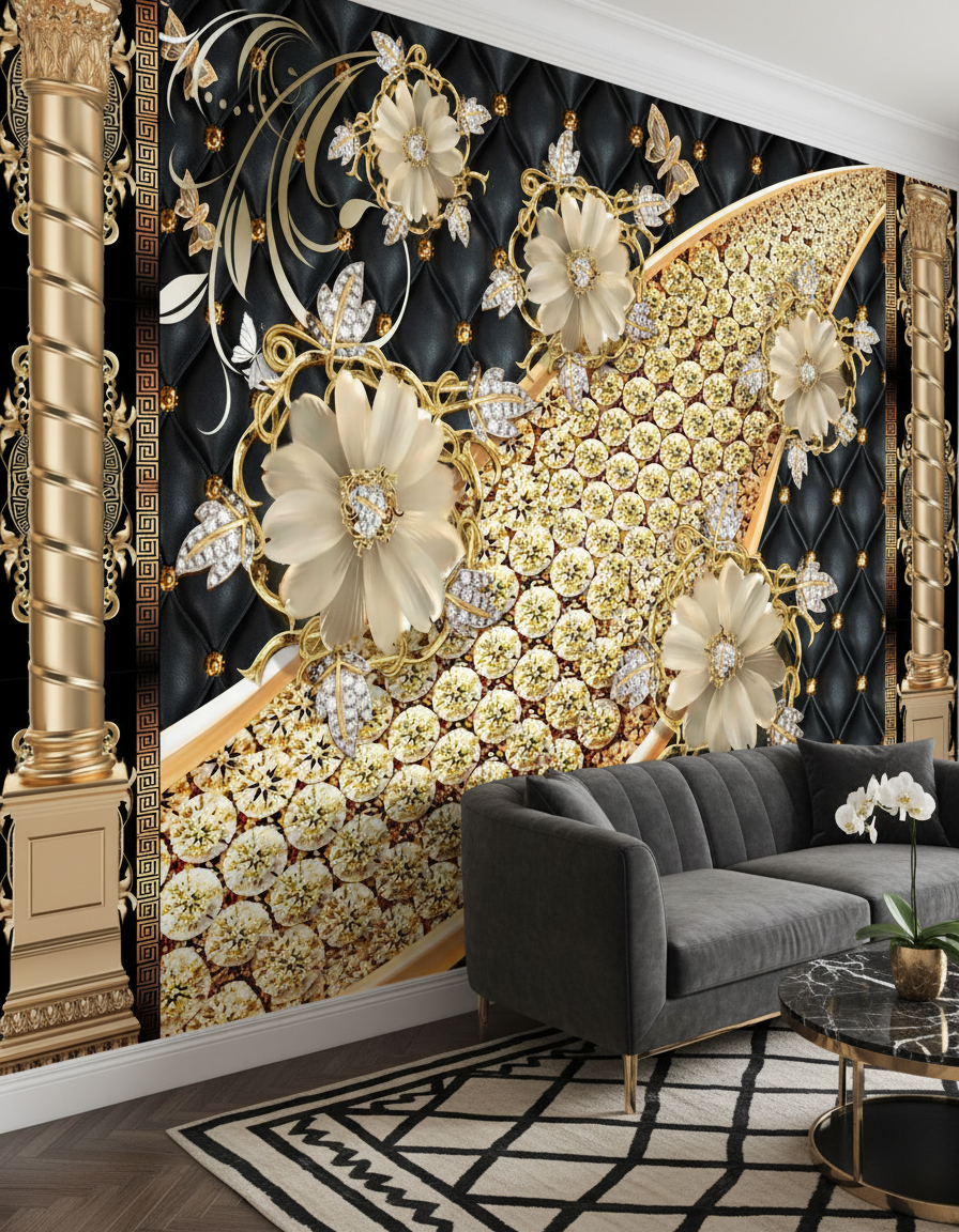 Flori aurii pe decor negru