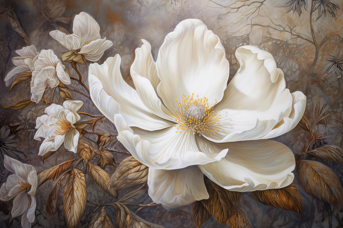 Magnolii albe pe fundal maro