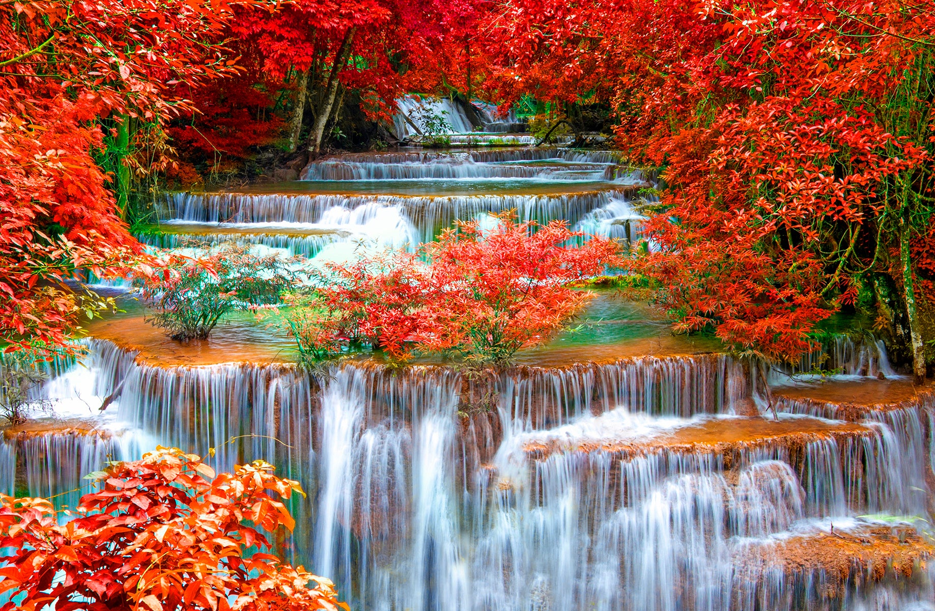 Cascade de toamnă cu frunze roșii