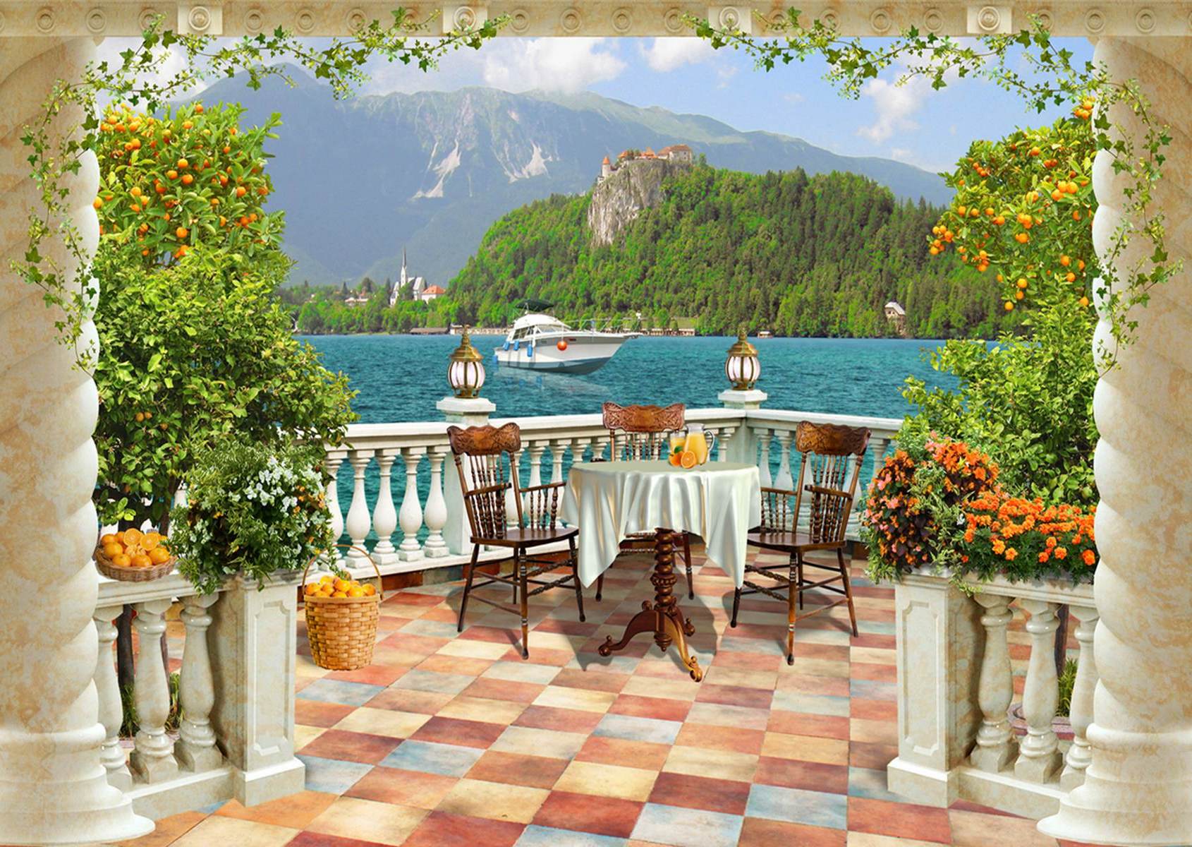 Balcon cu lac alpin și portocali