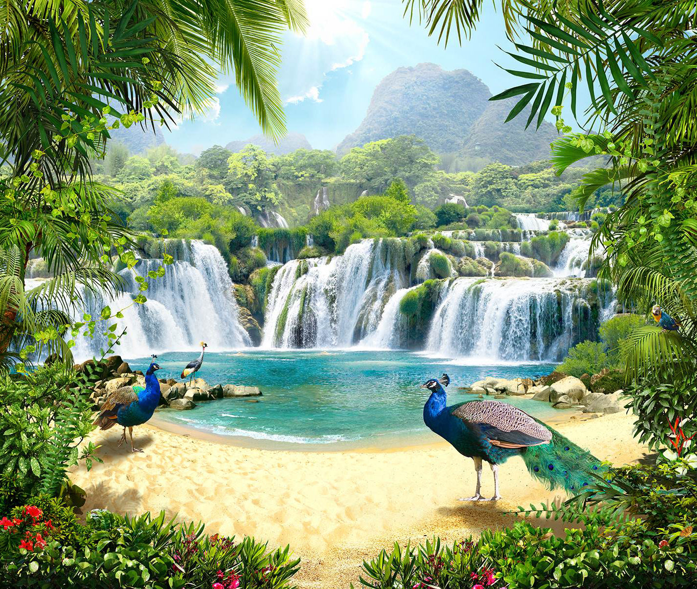 Laguna tropicală cu păuni albaștri