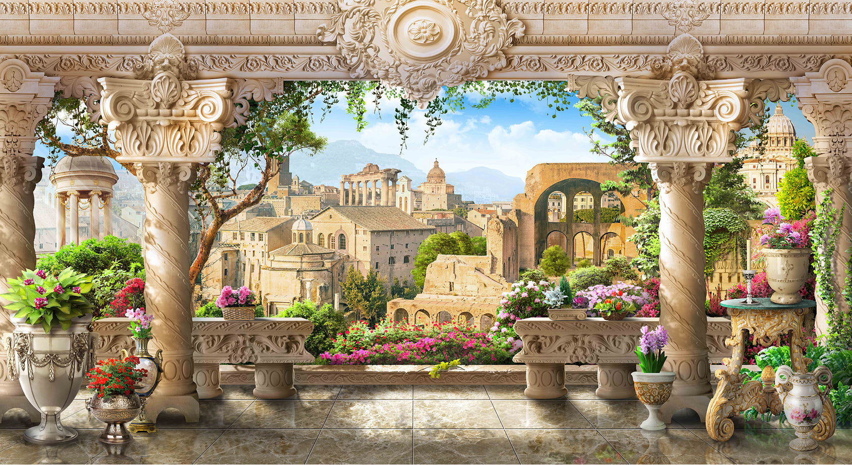 Terasă clasică cu vedere panoramică spre Roma antică
