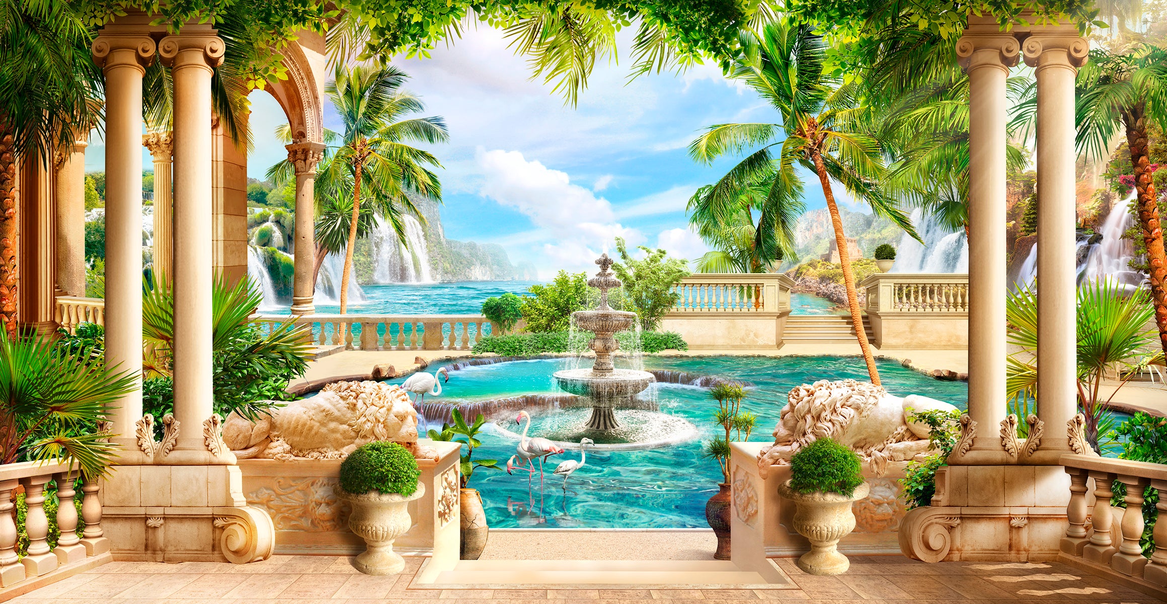 Terasă tropicală cu piscină și palmieri