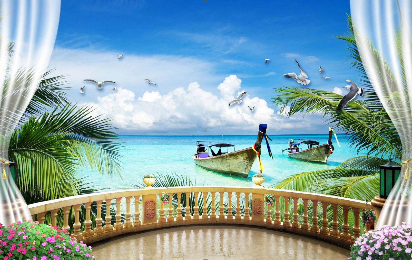 Balcon tropical cu plajă și bărci