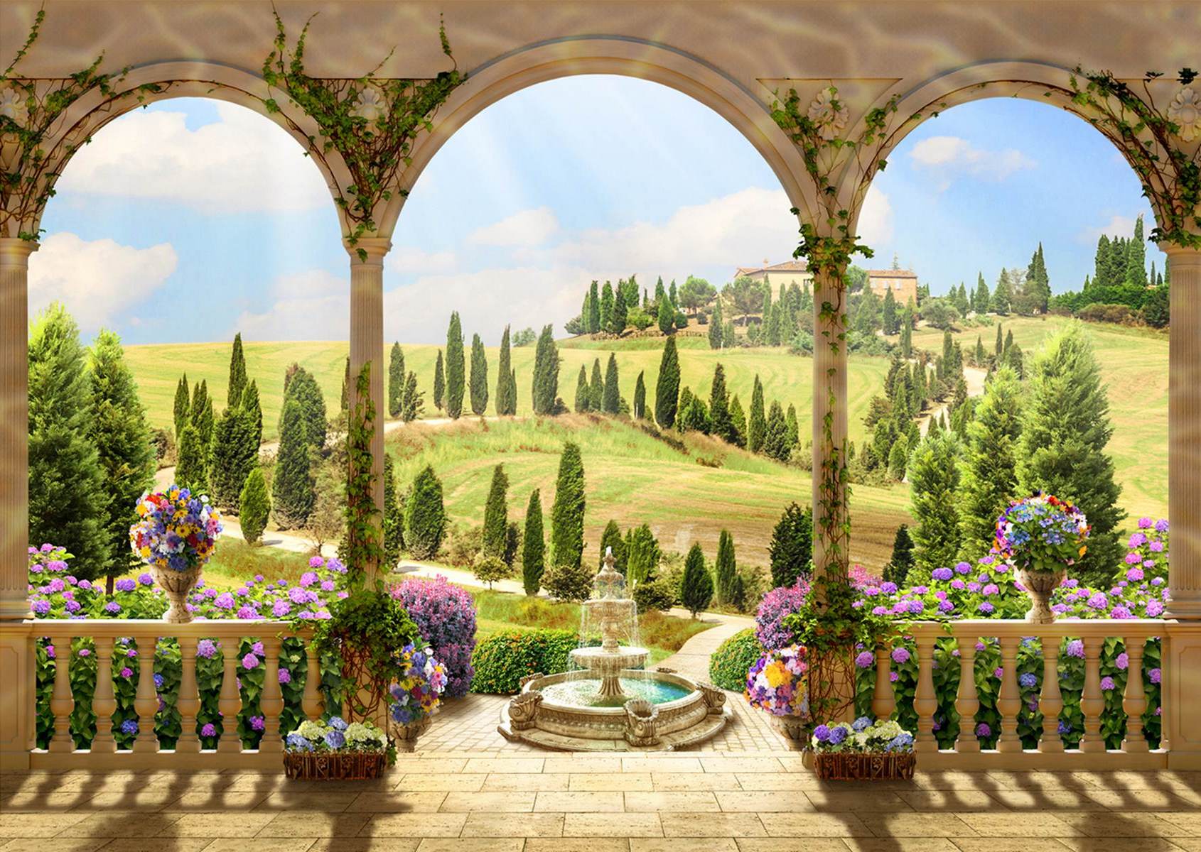 Arcade toscane cu peisaj de dealuri