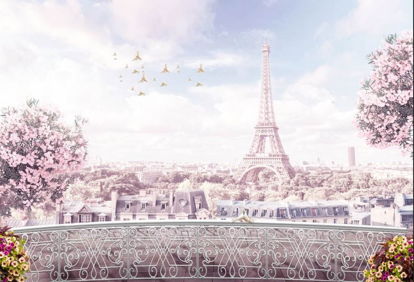 Paris delicat cu turnul eiffel și flori roz