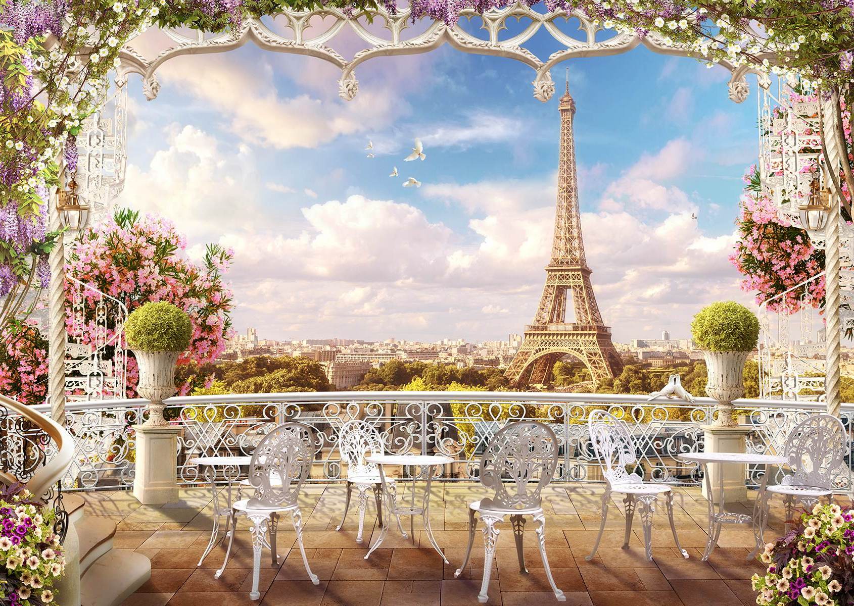 Terasă pariziană cu flori și Eiffel