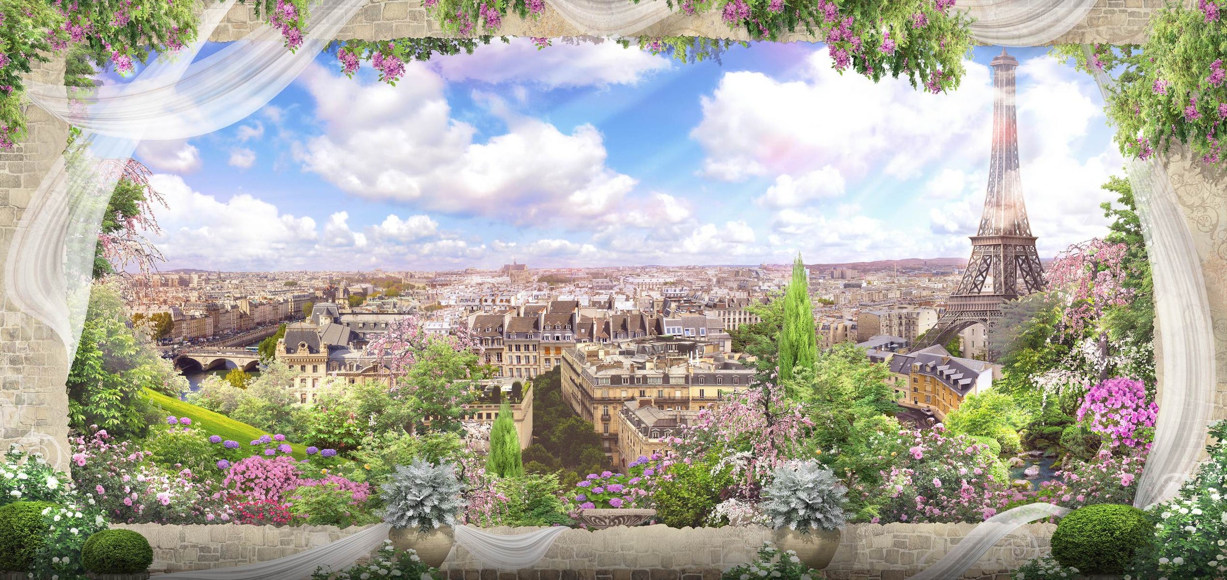 Panoramă spre paris cu flori delicate
