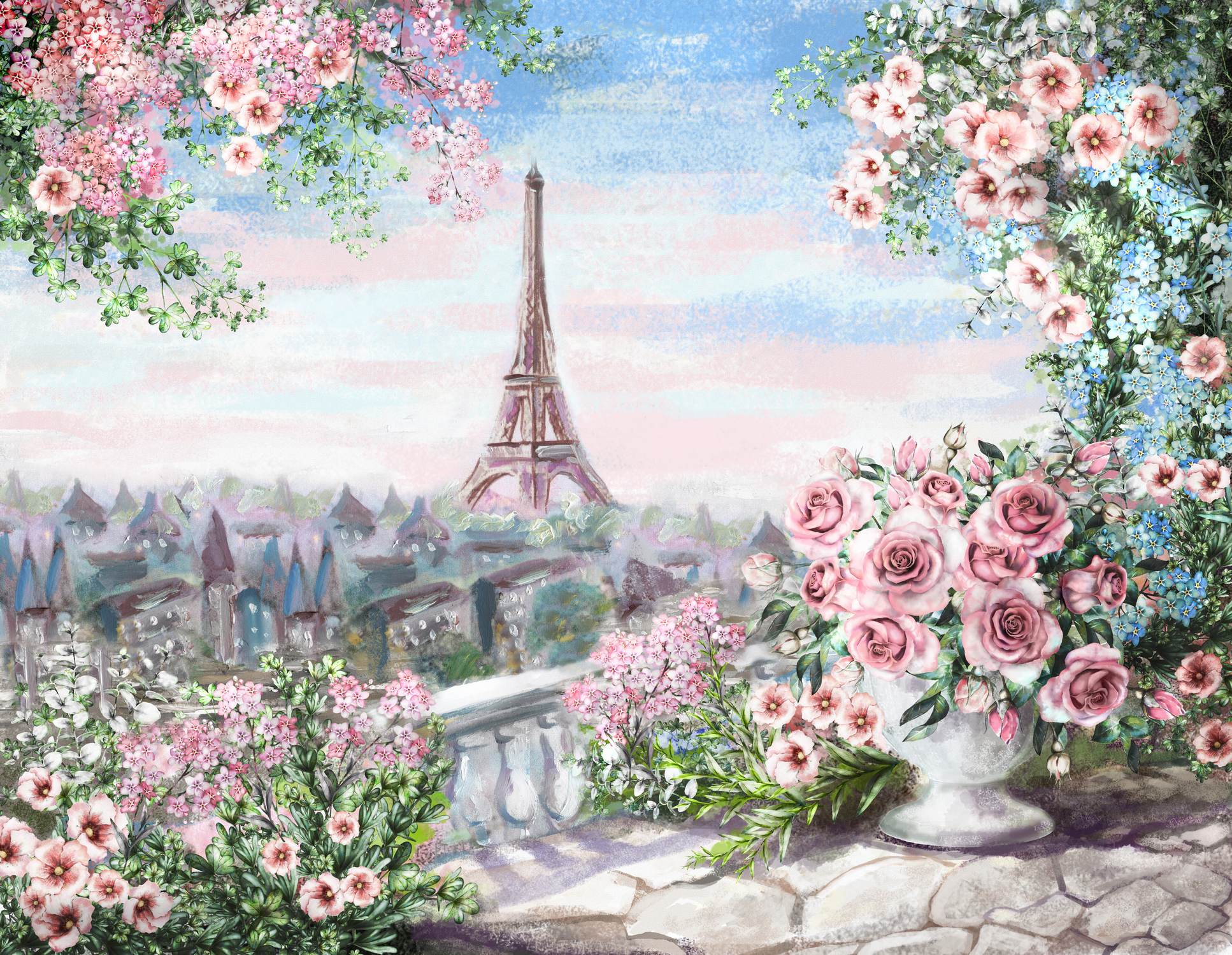 Turnul eiffel printre trandafiri roz