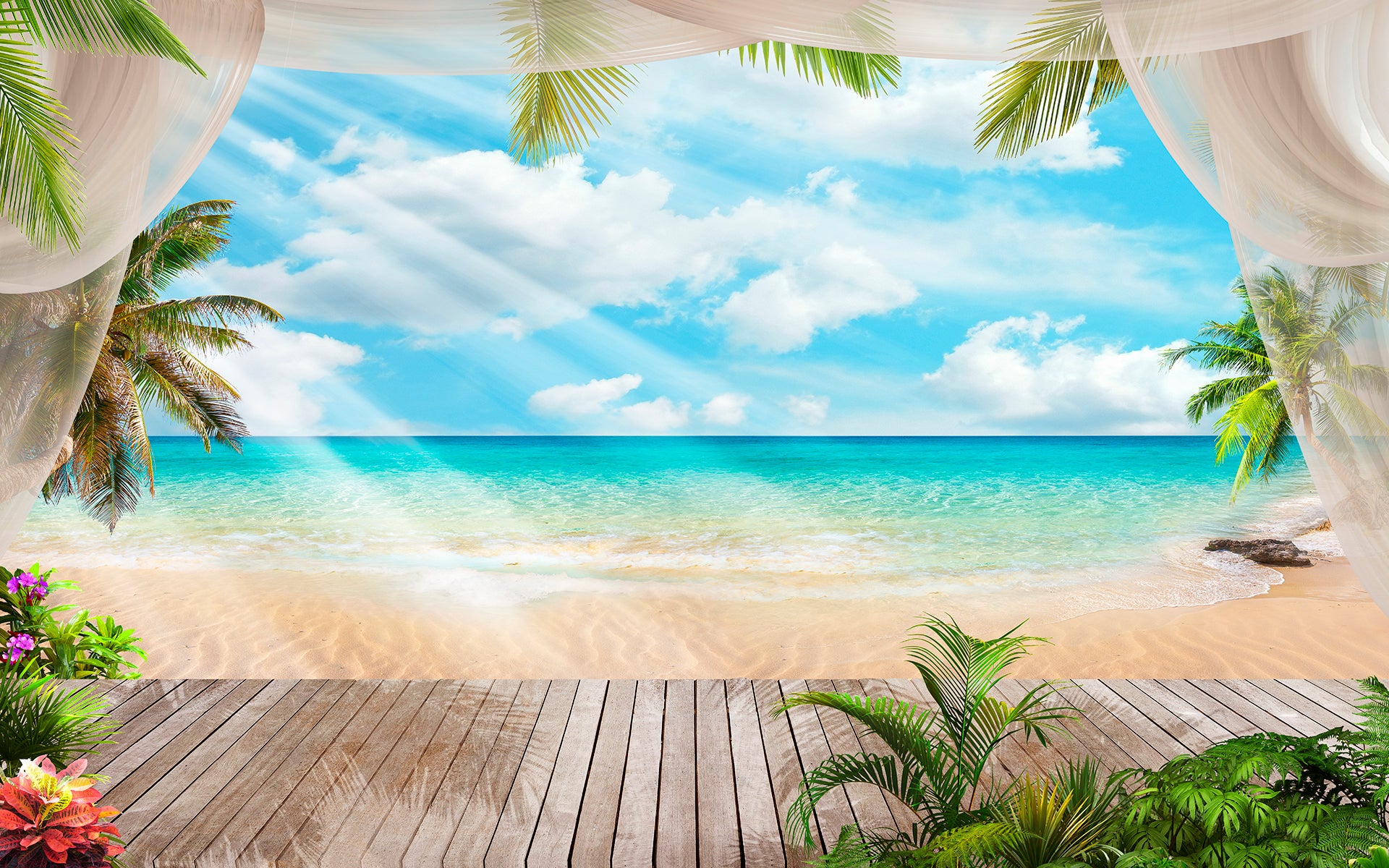 Plajă tropicală cu perdele albe