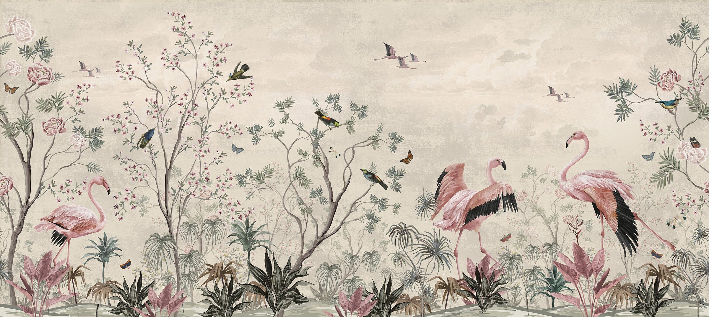 Flamingo roz printre flori sălbatice