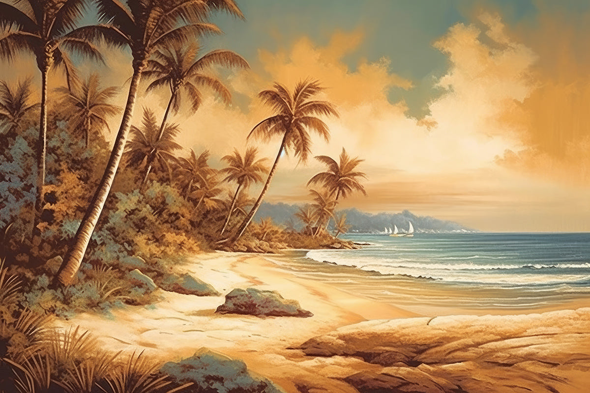 Plajă tropicală cu palmieri la apus