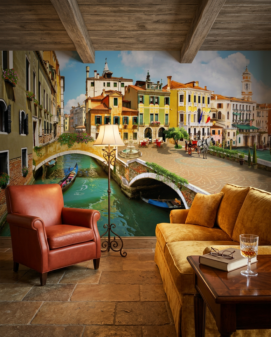 Canal venețian cu poduri colorate