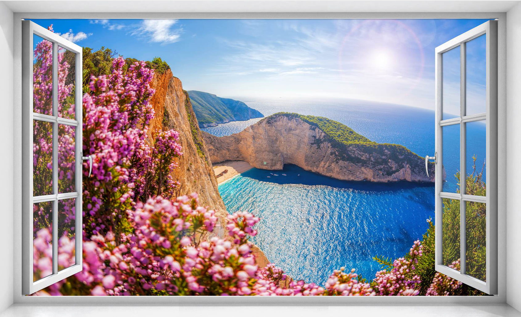 Fereastră spre coastă cu flori roz