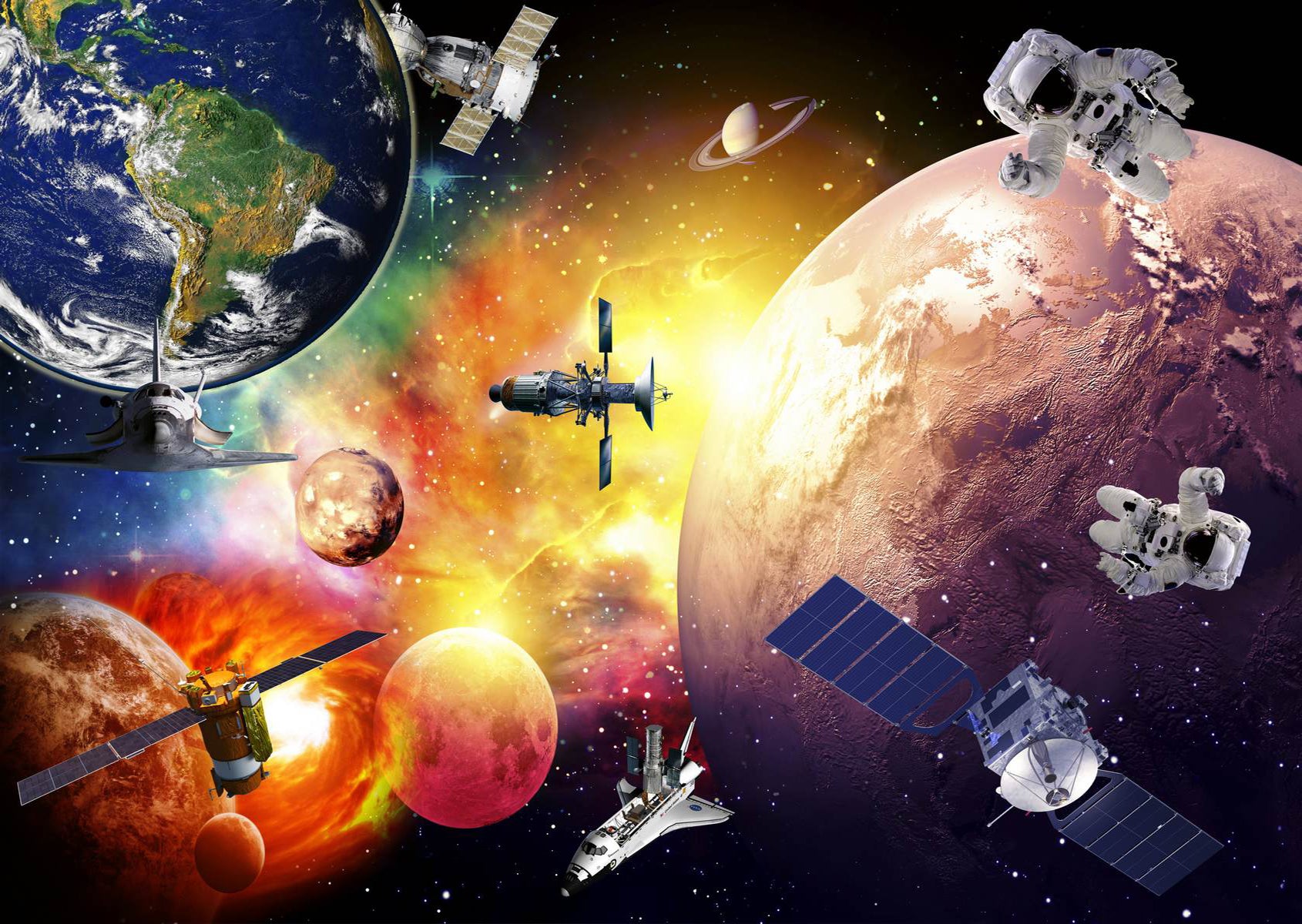 Universul cosmic cu planete, astronauți și navete spațiale