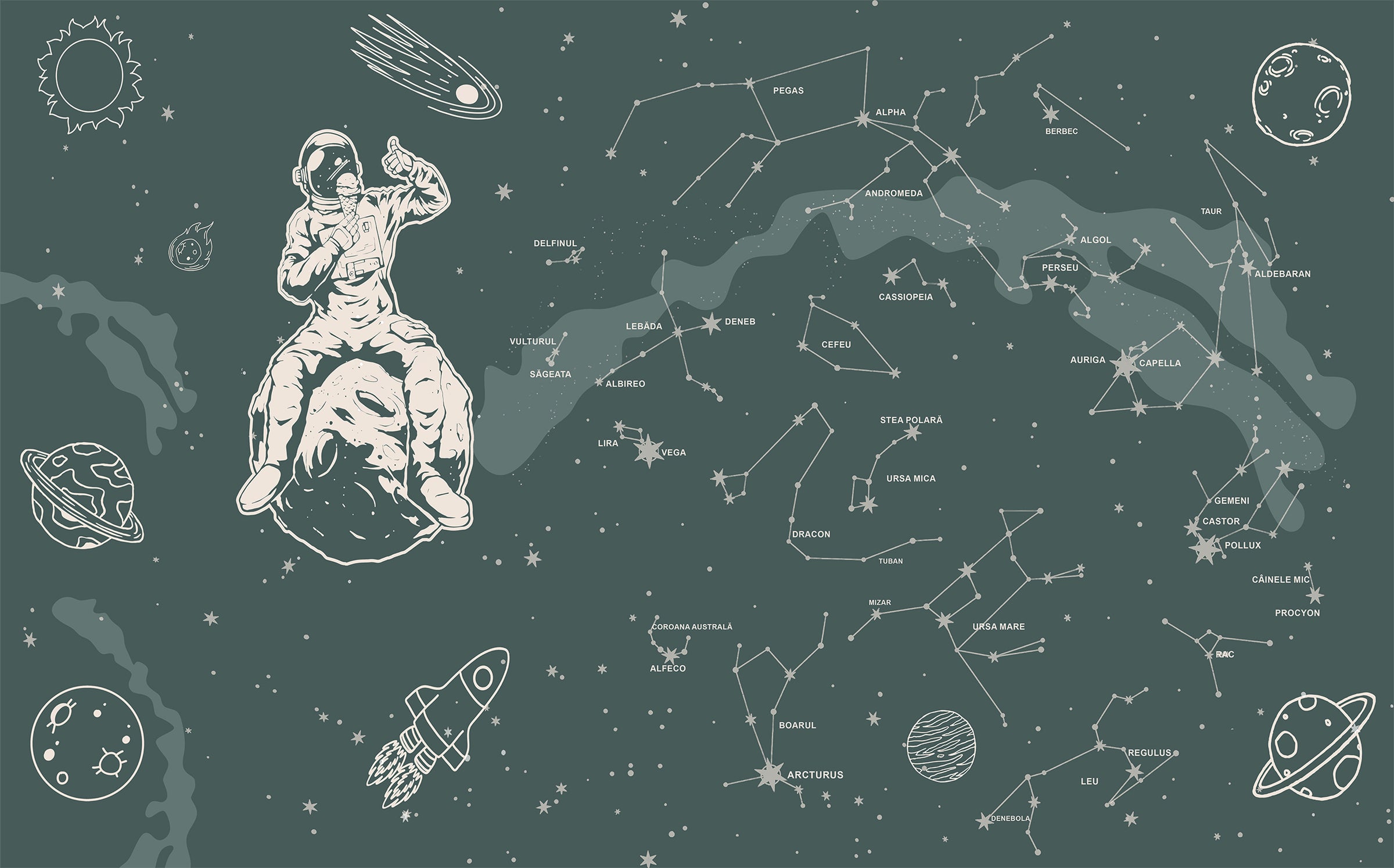 Astronaut pe hartă stelară verde