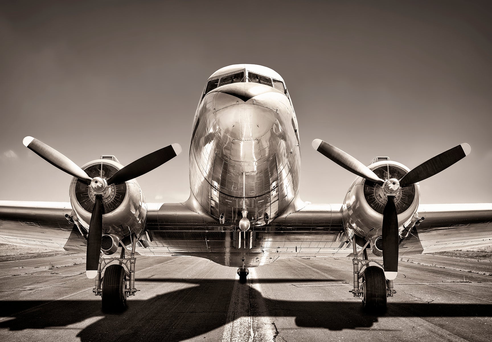 Avion retro frontal alb-negru