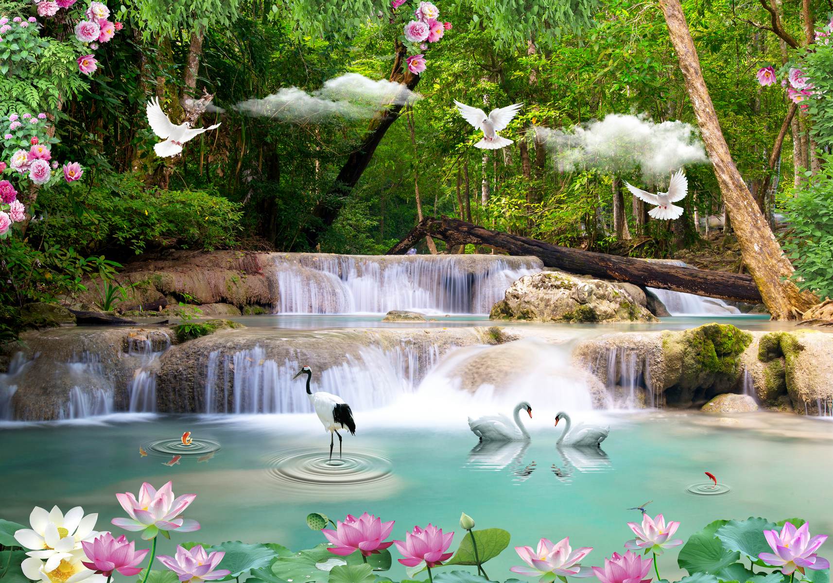 Lac floral cu păsări albe