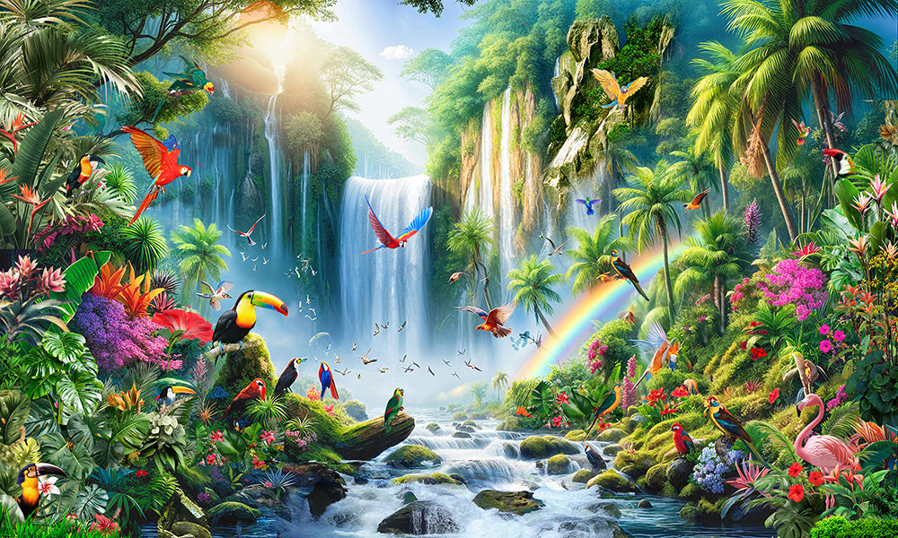 Cascadă tropicală cu păsări colorate