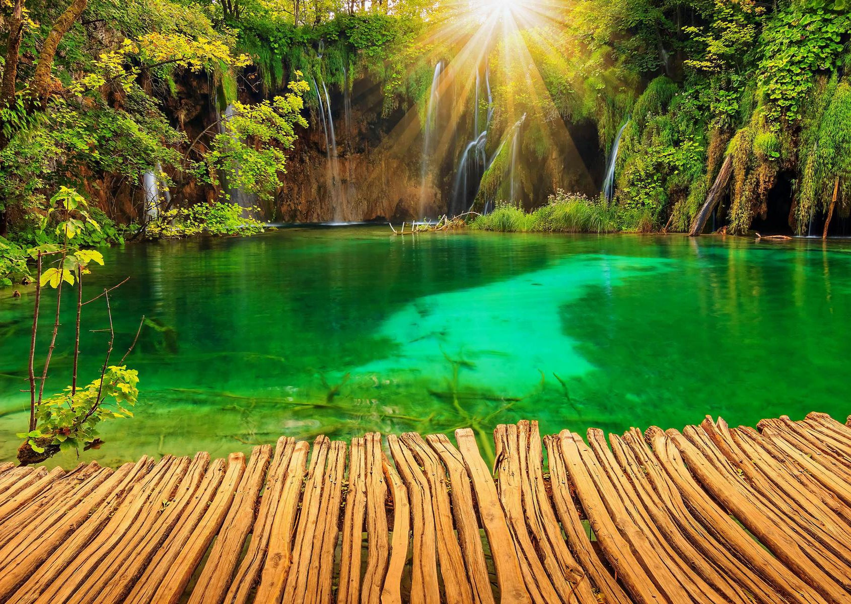 Lagună verde cu ponton din lemn