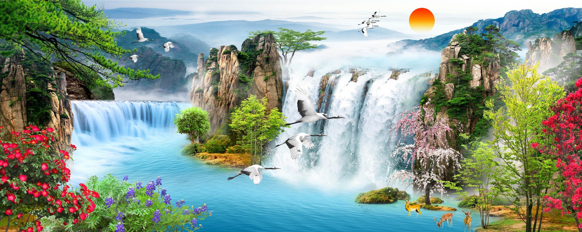 Cascade largi în peisaj montan