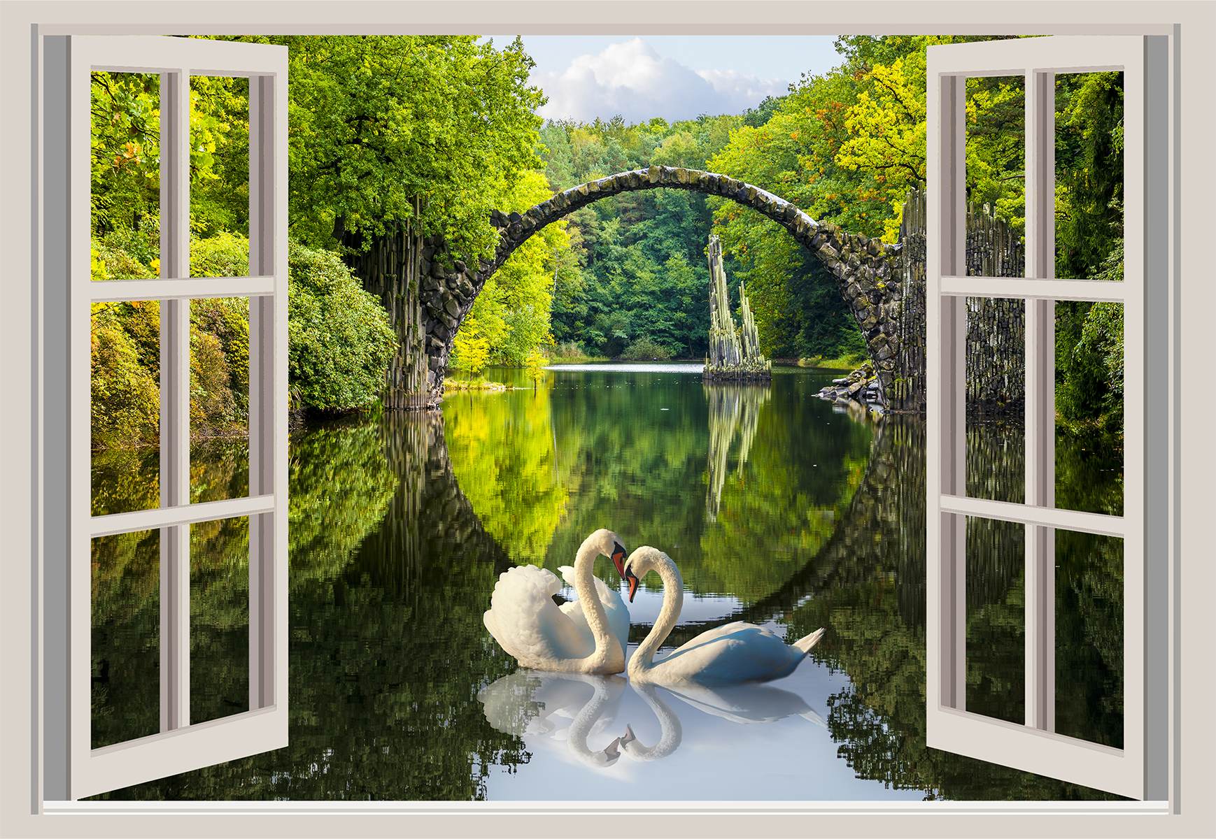 Fereastră spre lac cu lebede