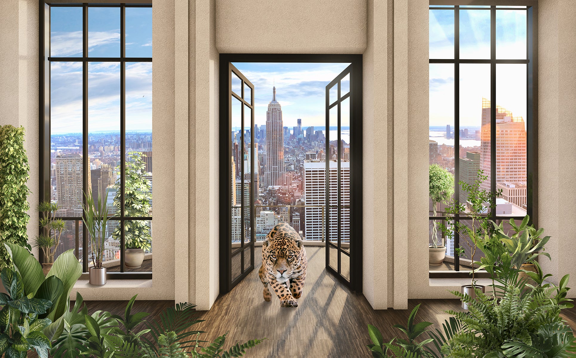 Hol luminos cu leopard și oraș