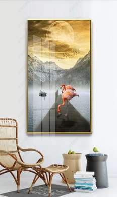 Poster, Flamingo pe fundalul munților, 30 x 60 см, Panza pe cadru, Animale
