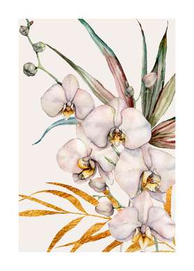 Poster - Frunze și orhidee albe, 60 x 90 см, Poster inramat pe sticla