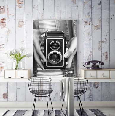 Постер - Фотоаппарат, 60 x 90 см, Постер на Стекле в раме, Черно Белые