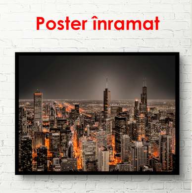 Poster - Vedere din cer către metropola de noapte, 90 x 60 см, Poster inramat pe sticla, Orașe și Hărți