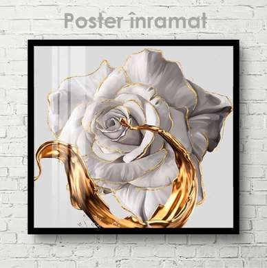 Poster - Floare albă cu aur lichid, 100 x 100 см, Poster inramat pe sticla