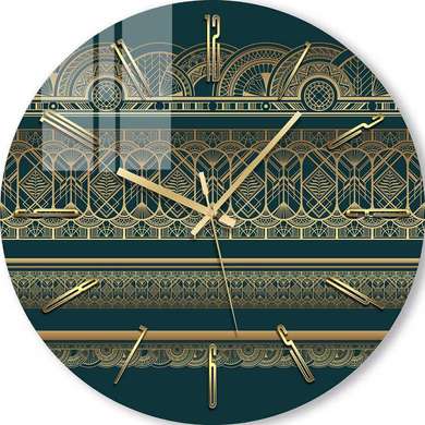 Glass clock - Golden lines on a green background, 40cm