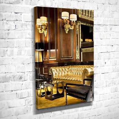 Постер - Гламурный интерьер с золотыми диванами, 60 x 90 см, Постер на Стекле в раме