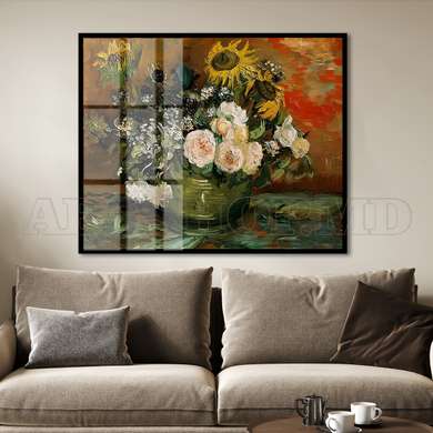 Poster - Oil Painted Roses and Sunflowers, 90 x 60 см, Framed poster on glass, Picturi