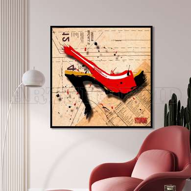 Постер - Красная туфелька, 100 x 100 см, Постер на Стекле в раме, Винтаж