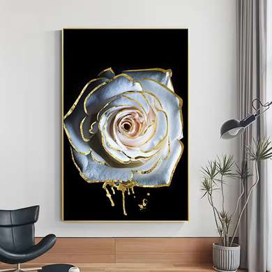 Постер - Белая роза с золотым контуром и подтеками, 30 x 45 см, Холст на подрамнике