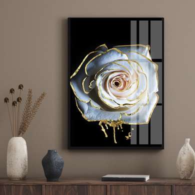 Постер - Белая роза с золотым контуром и подтеками, 30 x 45 см, Холст на подрамнике