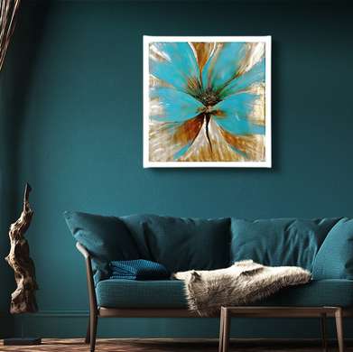 Poster - Floare turcoaz cu margini aurii, 100 x 100 см, Poster inramat pe sticla